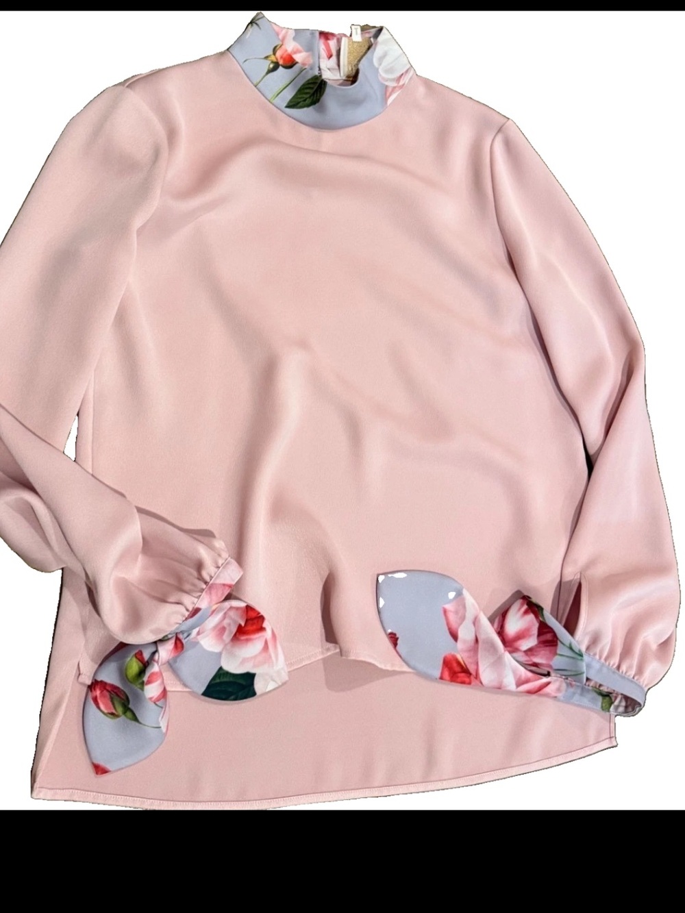 Ted Baker London Safrya Blush Pink Floral Tie Cuff Mock Neck Blouse Size 3 L